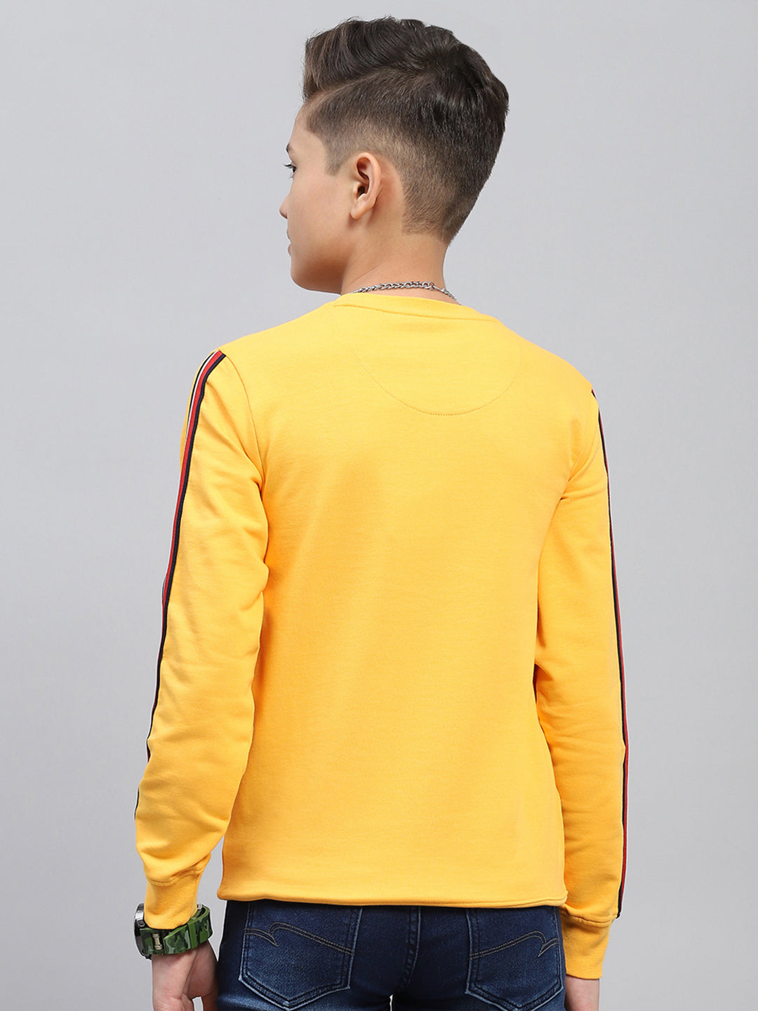 Boys Mustard Printed Round Neck Full Sleeve Sweatshirt