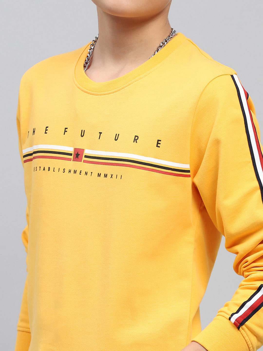 Boys Mustard Printed Round Neck Full Sleeve Sweatshirt