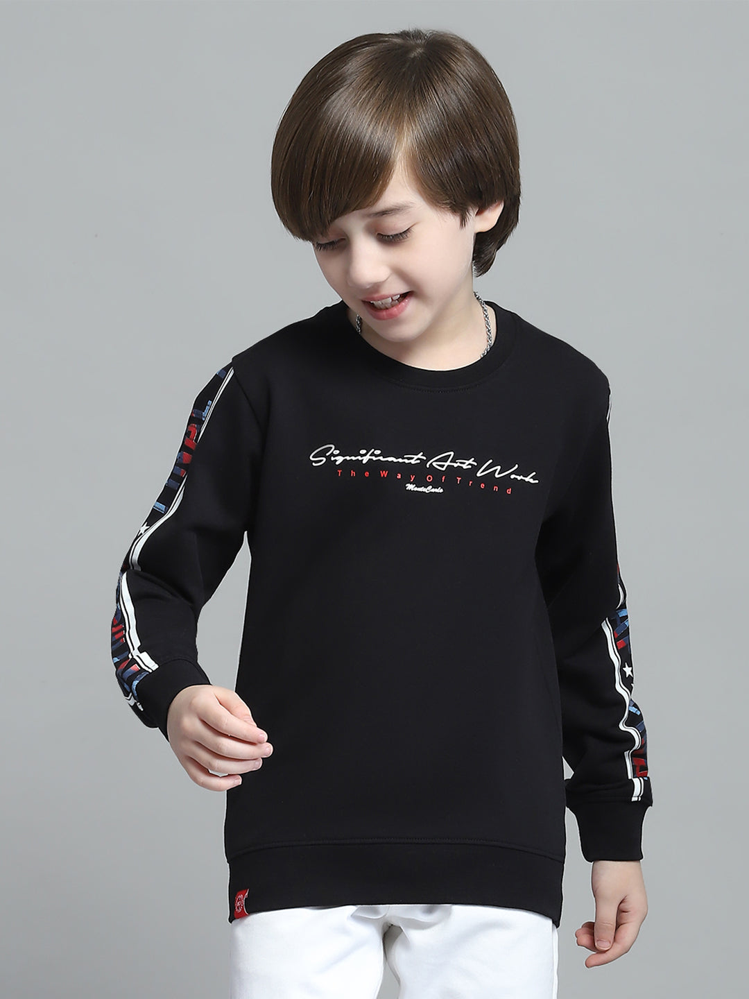 Boys Black Printed Round Neck Full Sleeve Sweatshirt