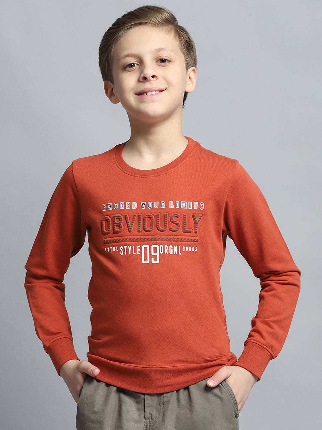 Boys Rust Printed Round Neck Full Sleeve Pullover