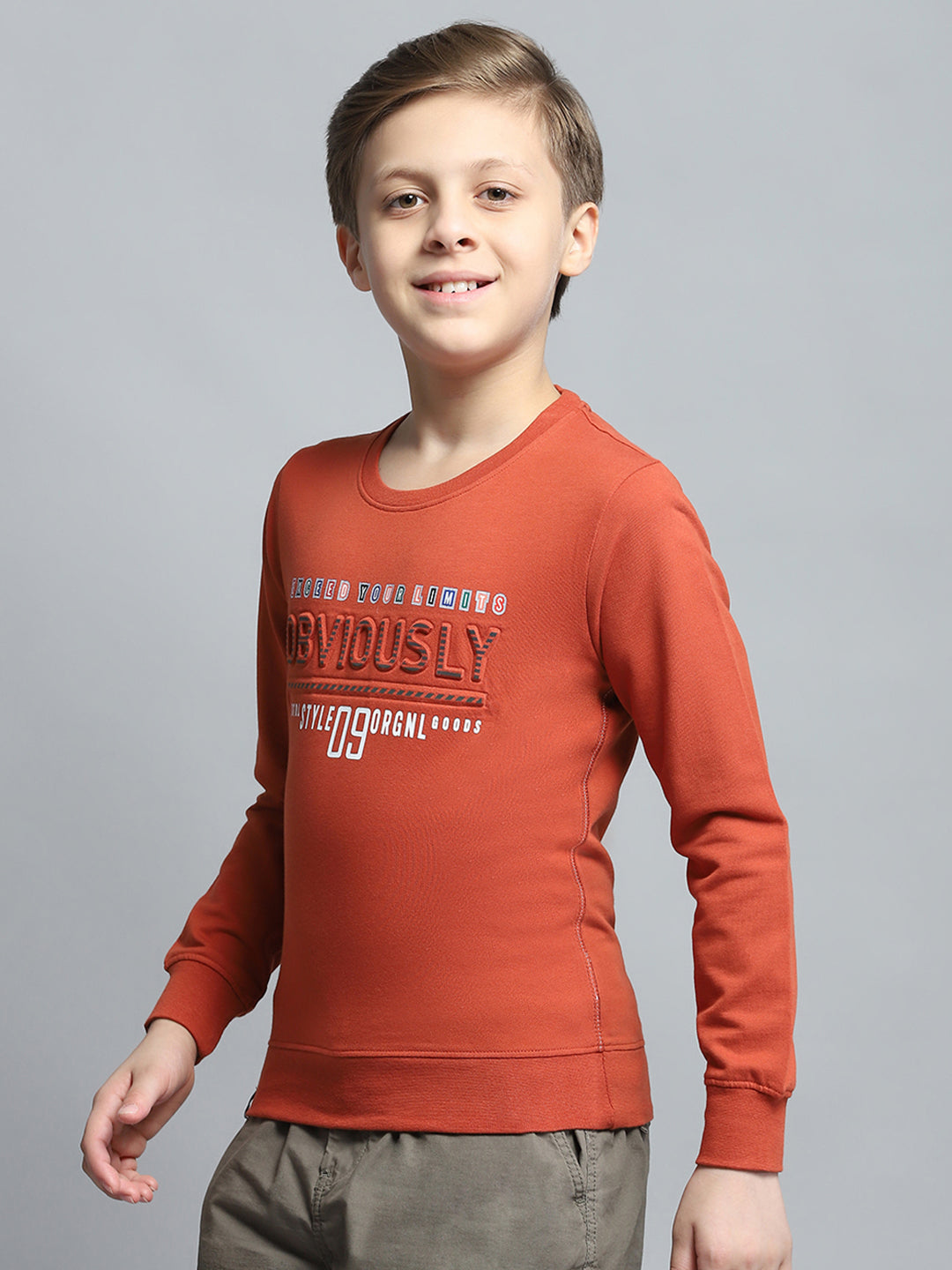 Boys Rust Printed Round Neck Full Sleeve Pullover