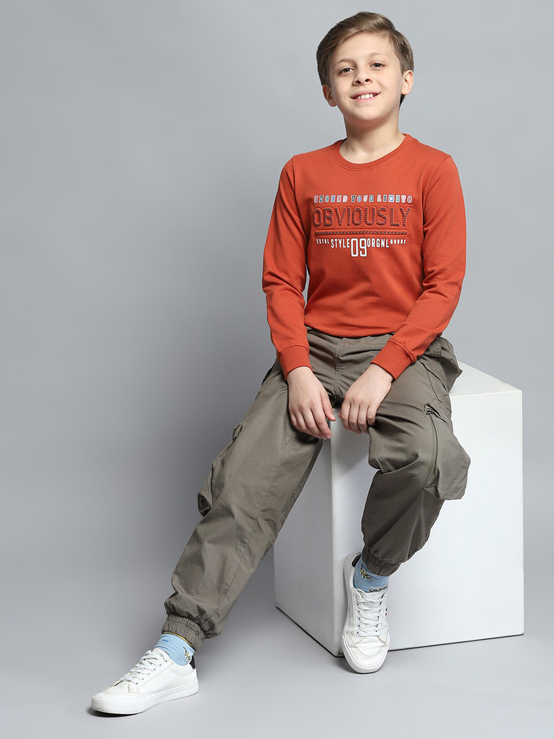 Boys Rust Printed Round Neck Full Sleeve Pullover