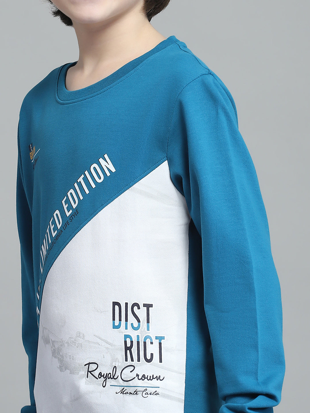 Boys Teal Blue Printed Round Neck Full Sleeve Sweatshirt