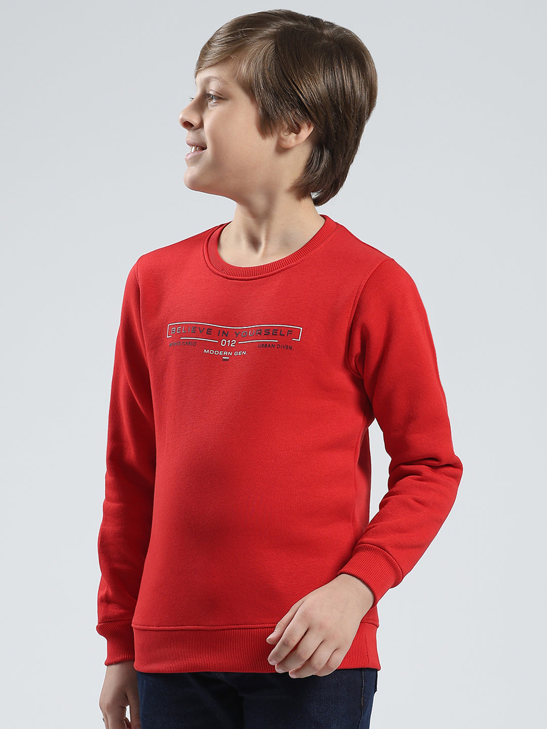 Boys Red Printed Round Neck Full Sleeve Sweatshirt