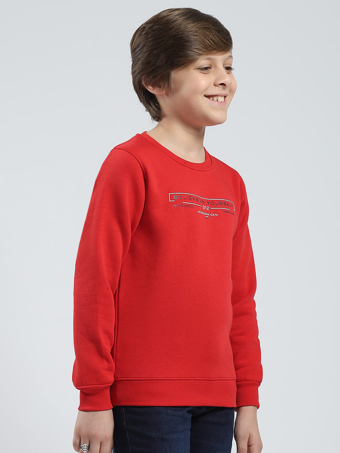 Boys Red Printed Round Neck Full Sleeve Sweatshirt