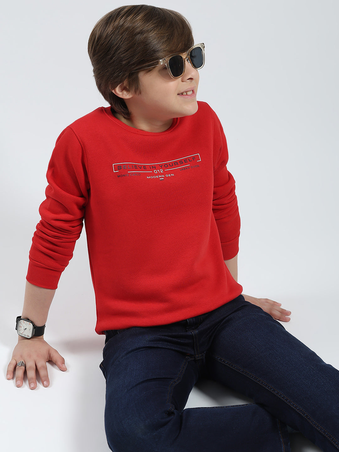 Boys Red Printed Round Neck Full Sleeve Sweatshirt