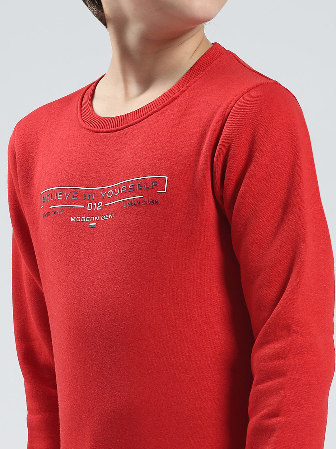 Boys Red Printed Round Neck Full Sleeve Sweatshirt
