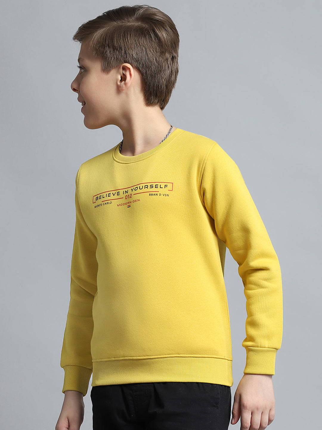 Boys Yellow Printed Round Neck Full Sleeve Pullover