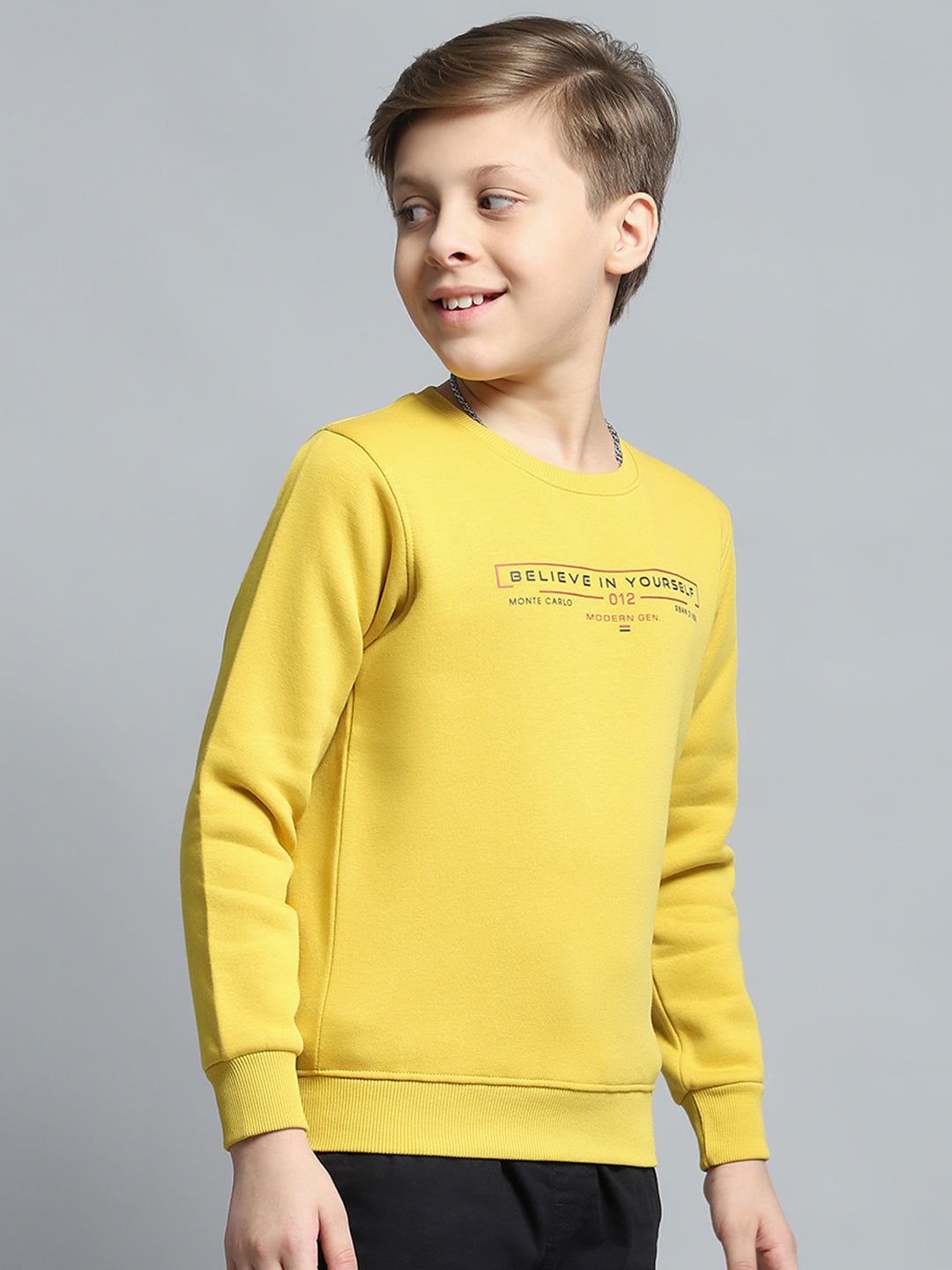 Boys Yellow Printed Round Neck Full Sleeve Pullover