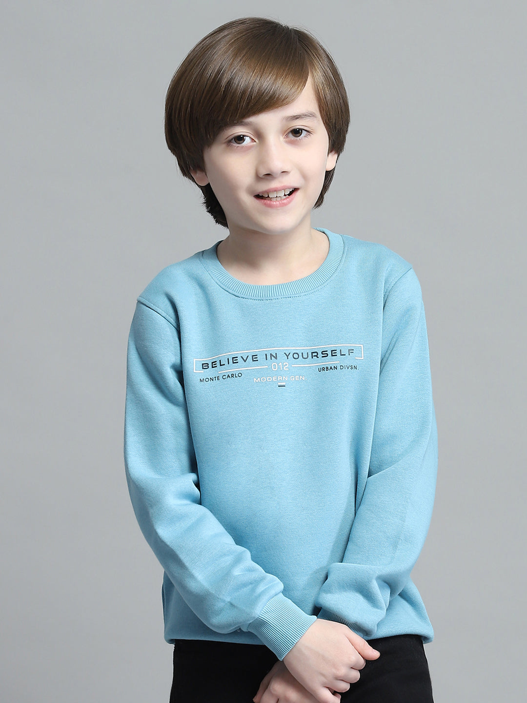 Boys Blue Printed Round Neck Full Sleeve Sweatshirt