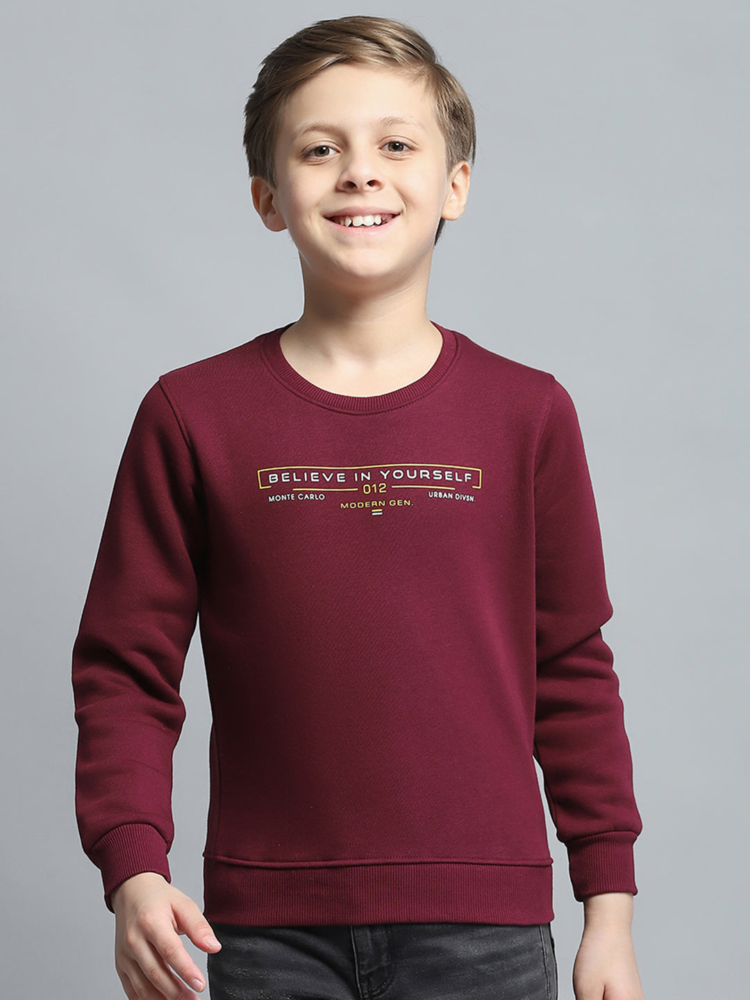 Boys Burgundy Printed Round Neck Full Sleeve Pullover