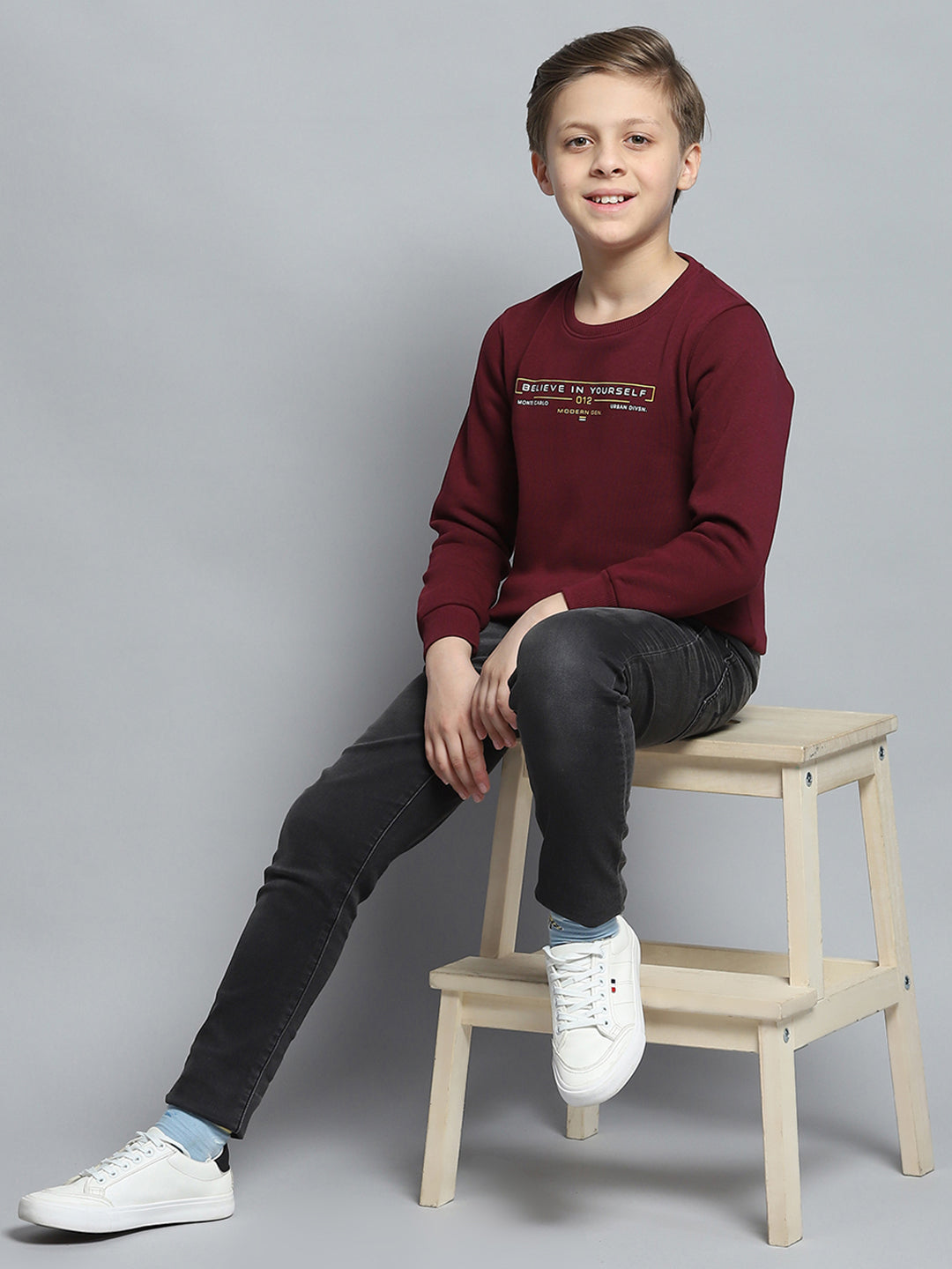 Boys Burgundy Printed Round Neck Full Sleeve Pullover