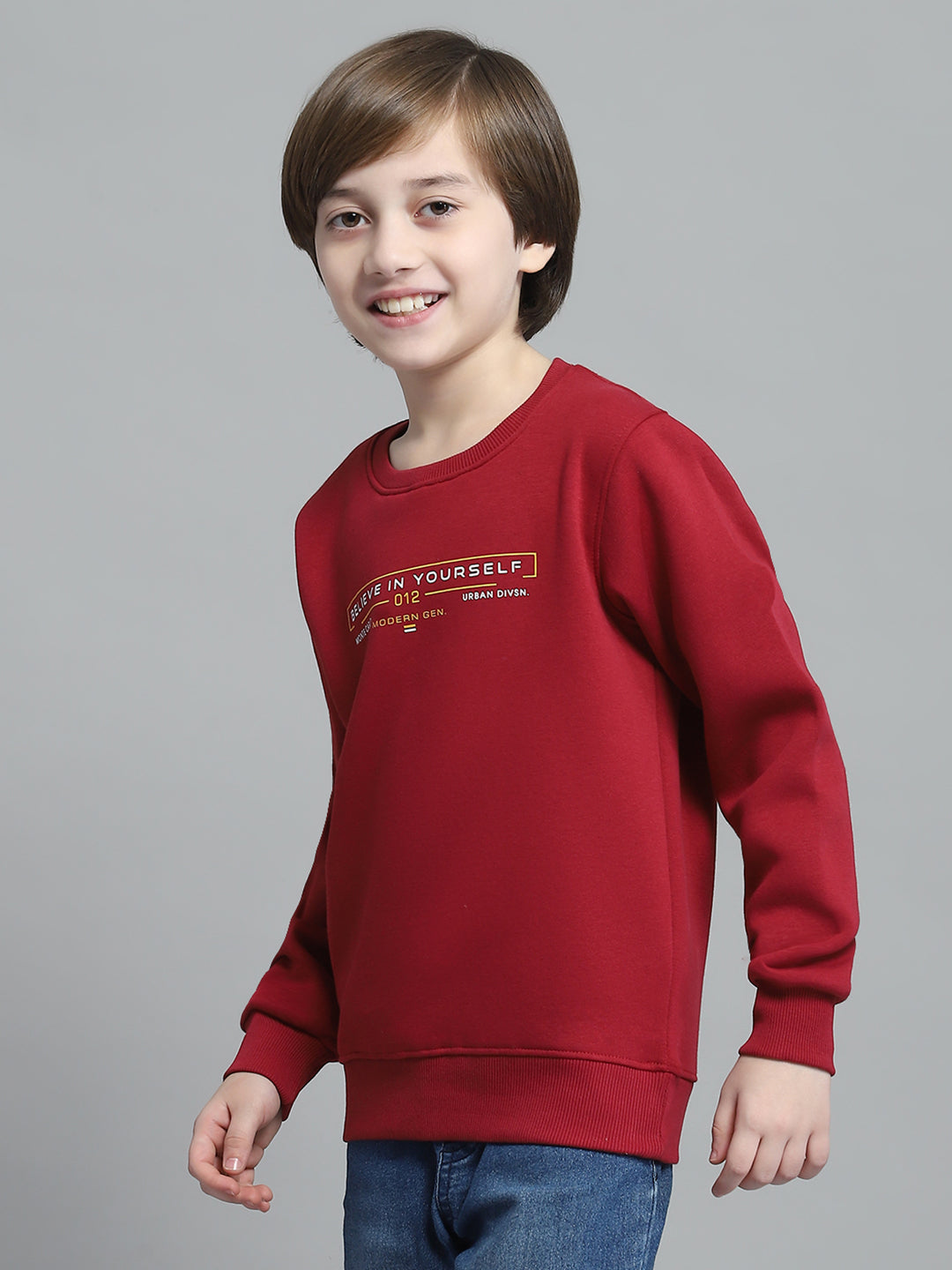 Boys Maroon Printed Round Neck Full Sleeve Sweatshirt
