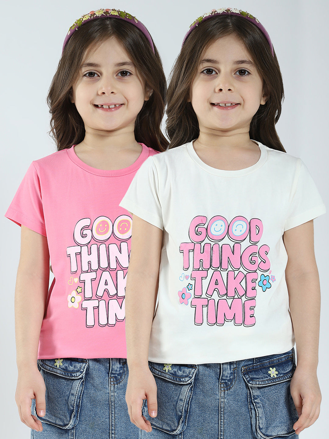 Girls Off White & Pink Printed Round Neck Half Sleeve Top 2Pc Set