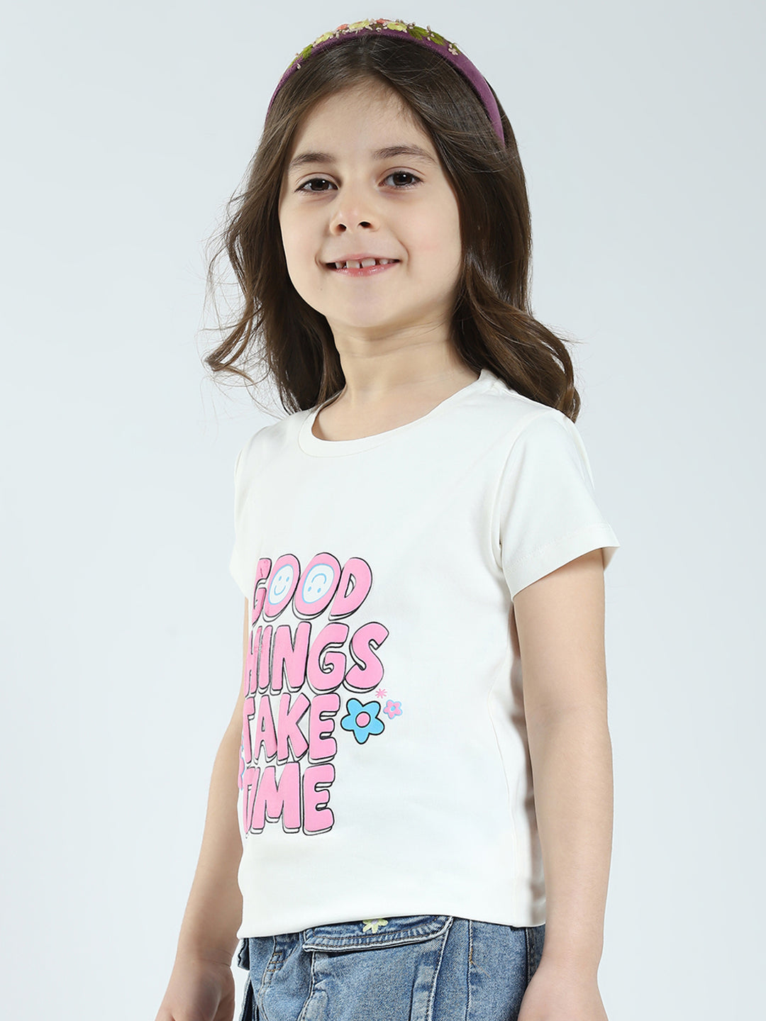 Girls Off White & Pink Printed Round Neck Half Sleeve Top 2Pc Set