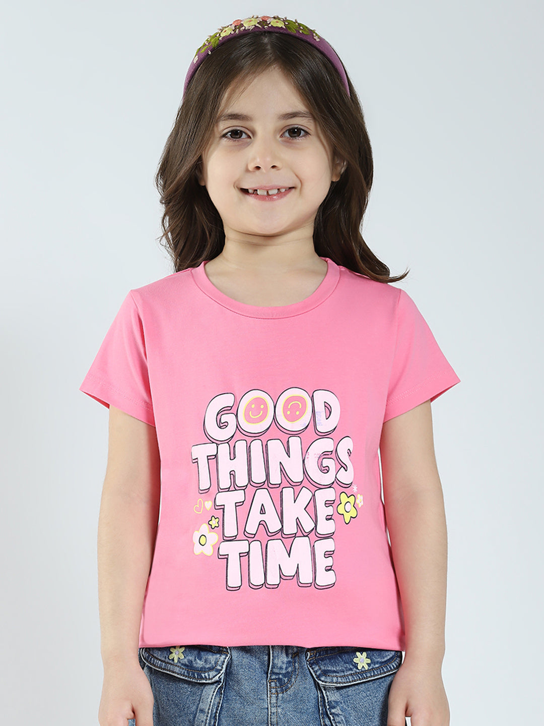 Girls Off White & Pink Printed Round Neck Half Sleeve Top 2Pc Set