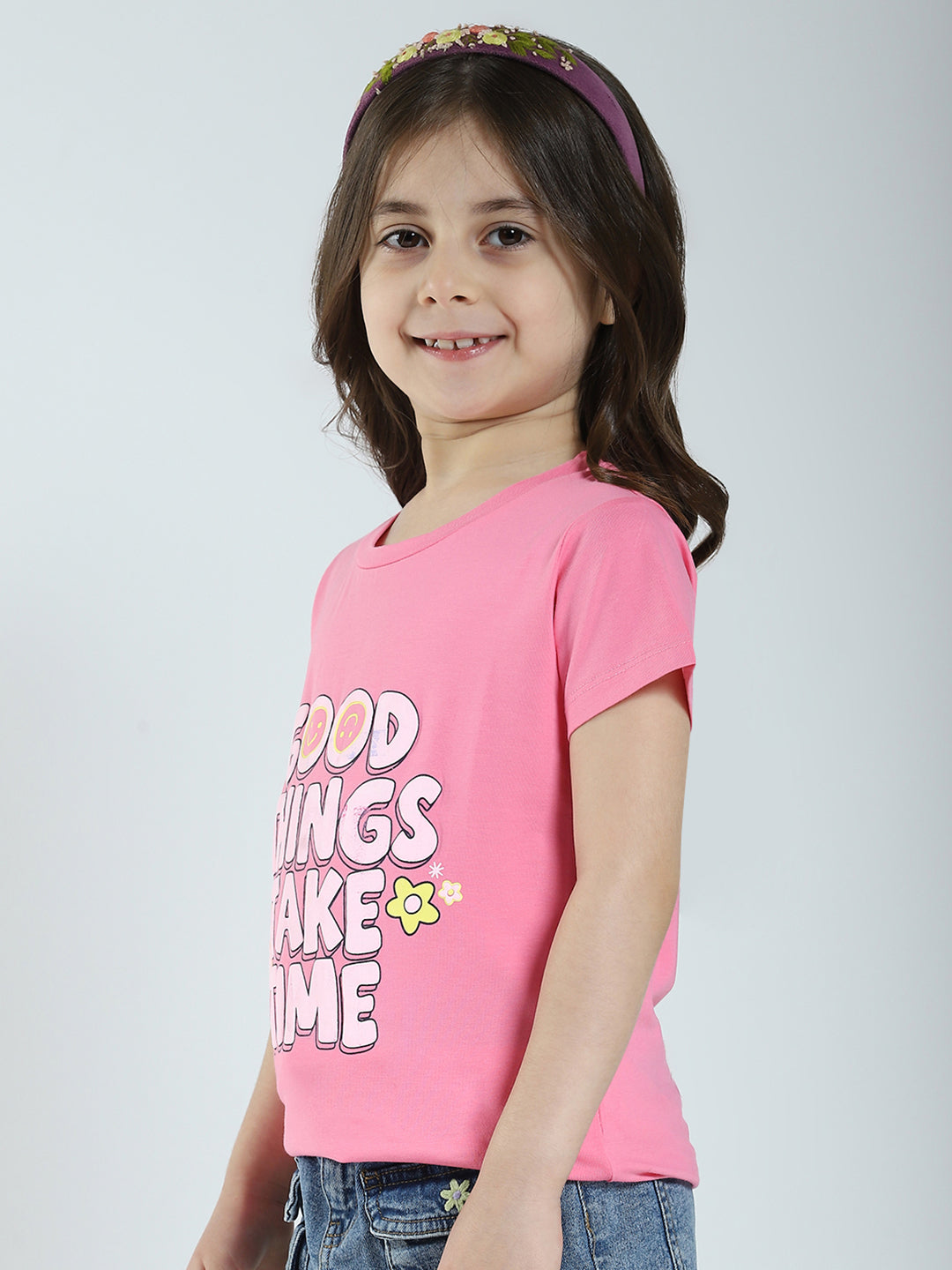 Girls Off White & Pink Printed Round Neck Half Sleeve Top 2Pc Set
