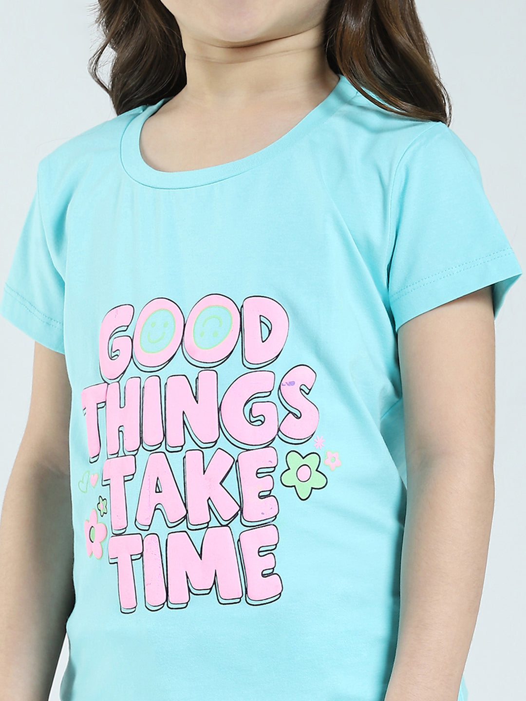 Girls Black & Blue Printed Round Neck Half Sleeve Top 2Pc Set