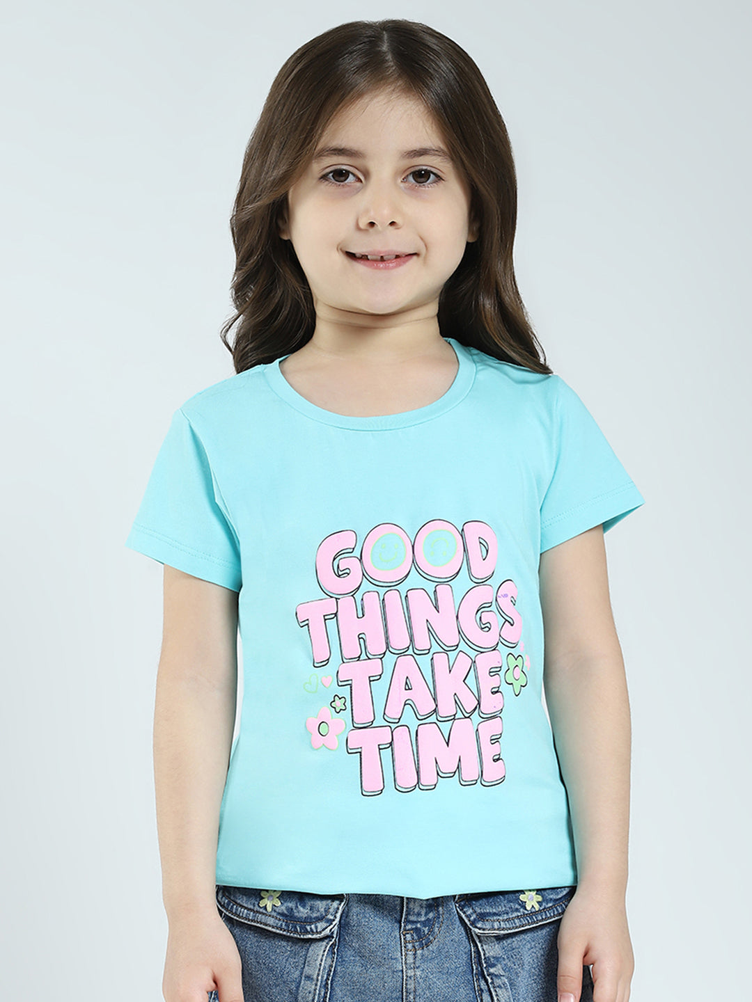 Girls Black & Blue Printed Round Neck Half Sleeve Top 2Pc Set