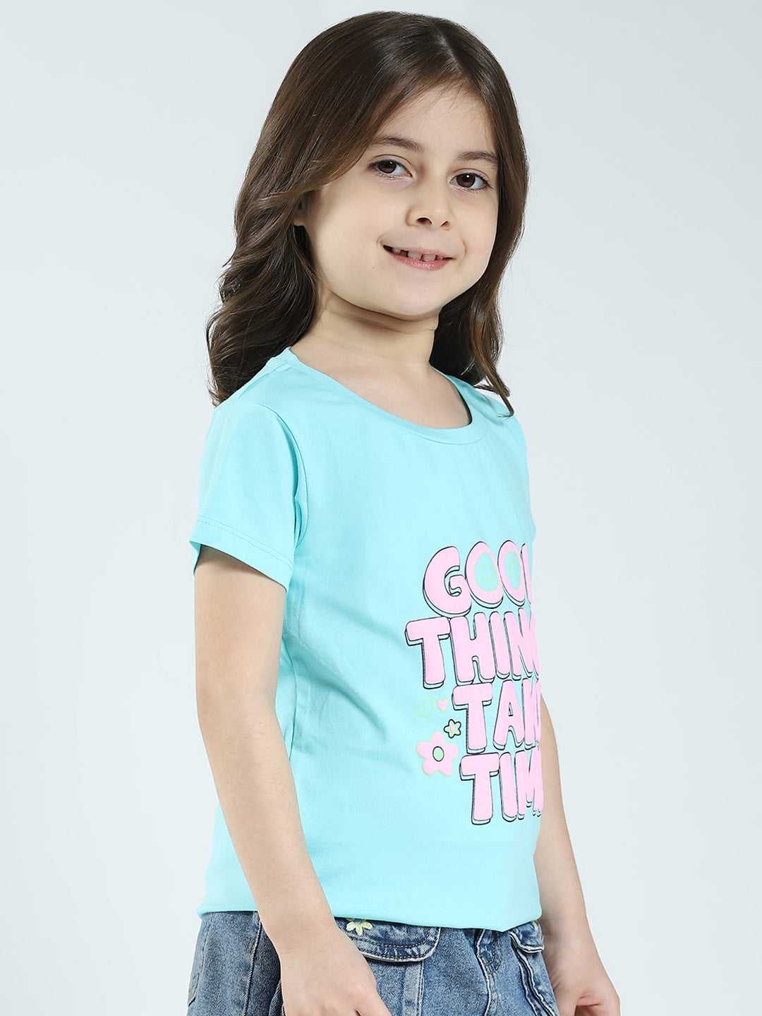 Girls Black & Blue Printed Round Neck Half Sleeve Top 2Pc Set
