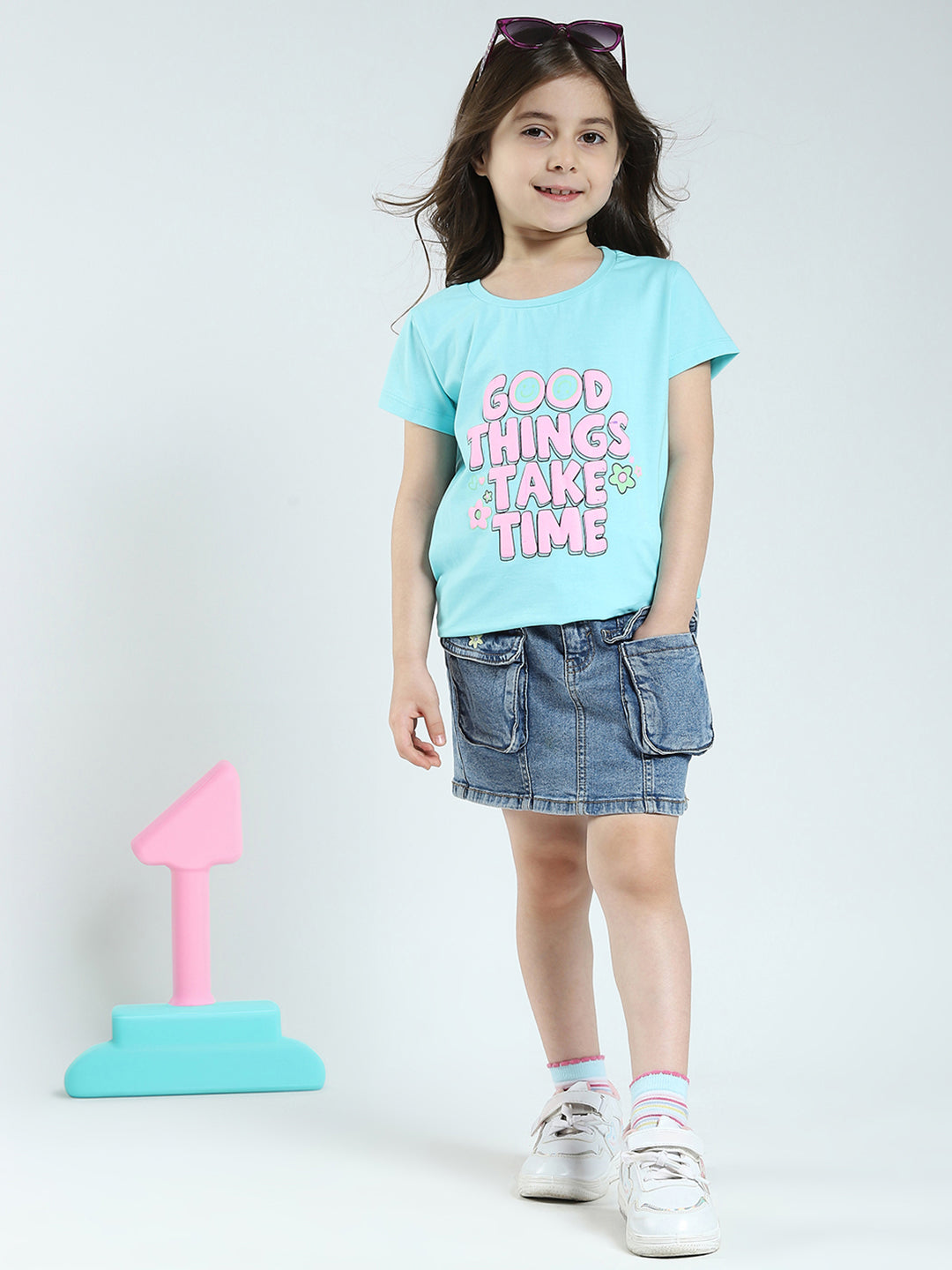 Girls Black & Blue Printed Round Neck Half Sleeve Top 2Pc Set