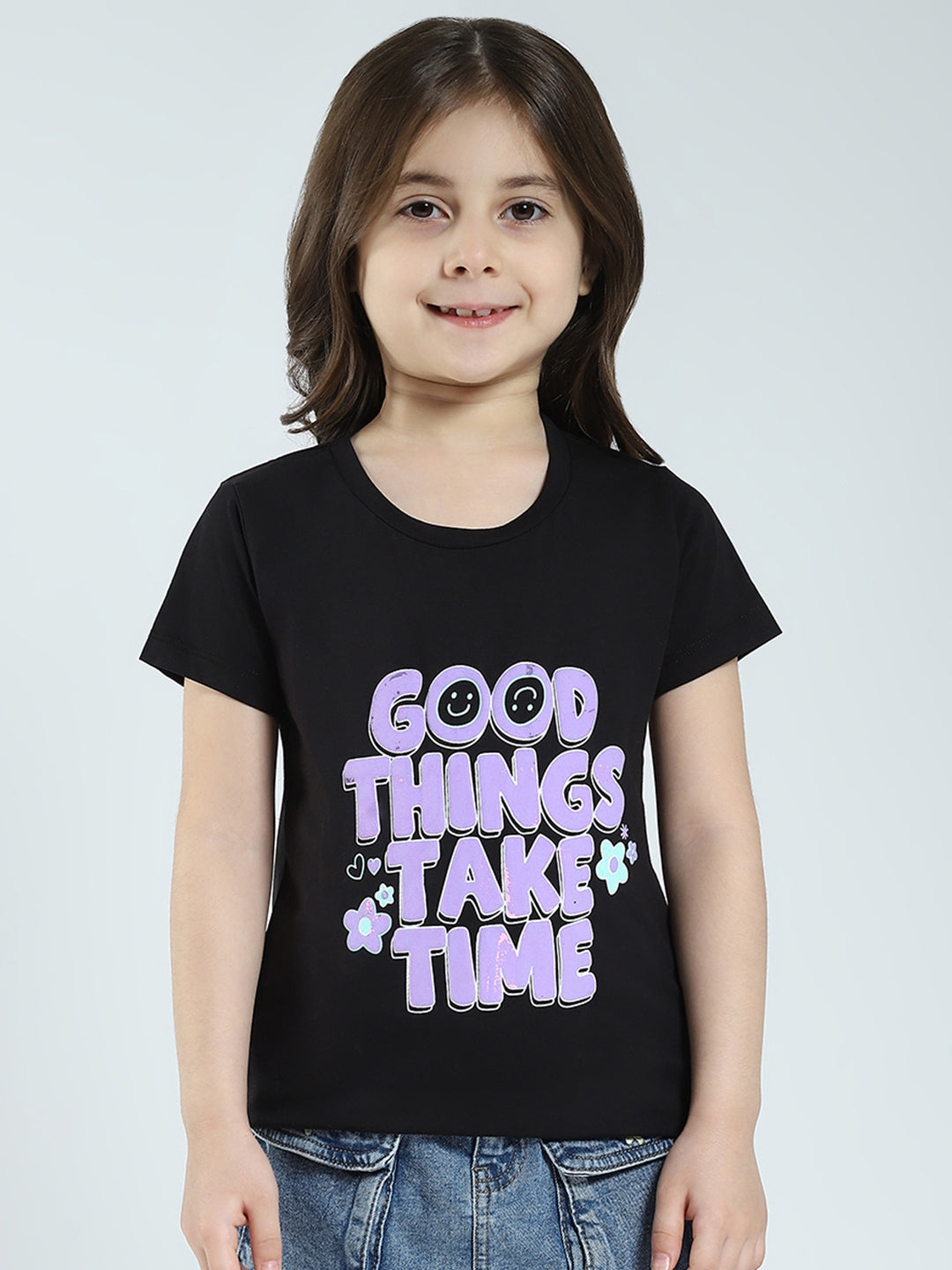 Girls Black & Blue Printed Round Neck Half Sleeve Top 2Pc Set