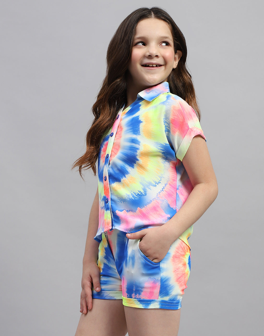 Girls Blue Printed Round Neck Half Sleeve Cords Set