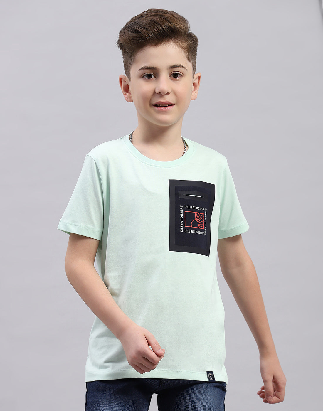 Boys Aqua Blue Printed Round Neck Half Sleeve T-Shirt