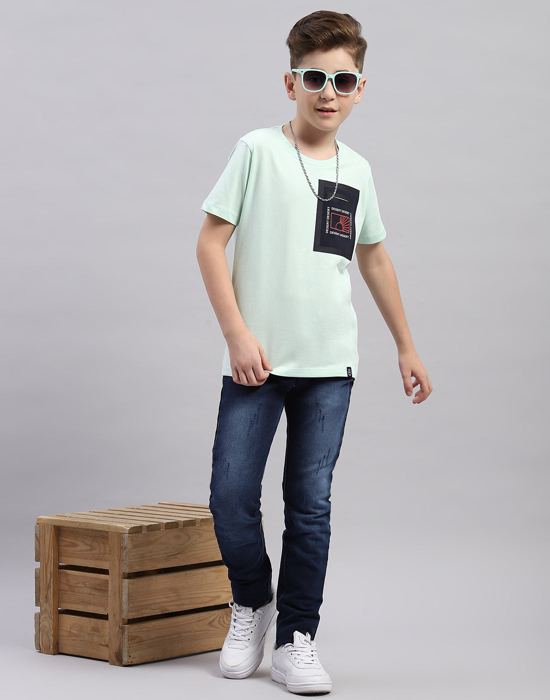 Boys Aqua Blue Printed Round Neck Half Sleeve T-Shirt