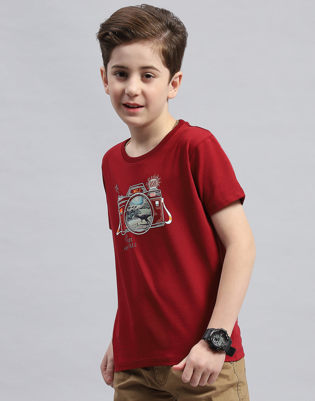 Boys Maroon Printed Round Neck Half Sleeve T-Shirt
