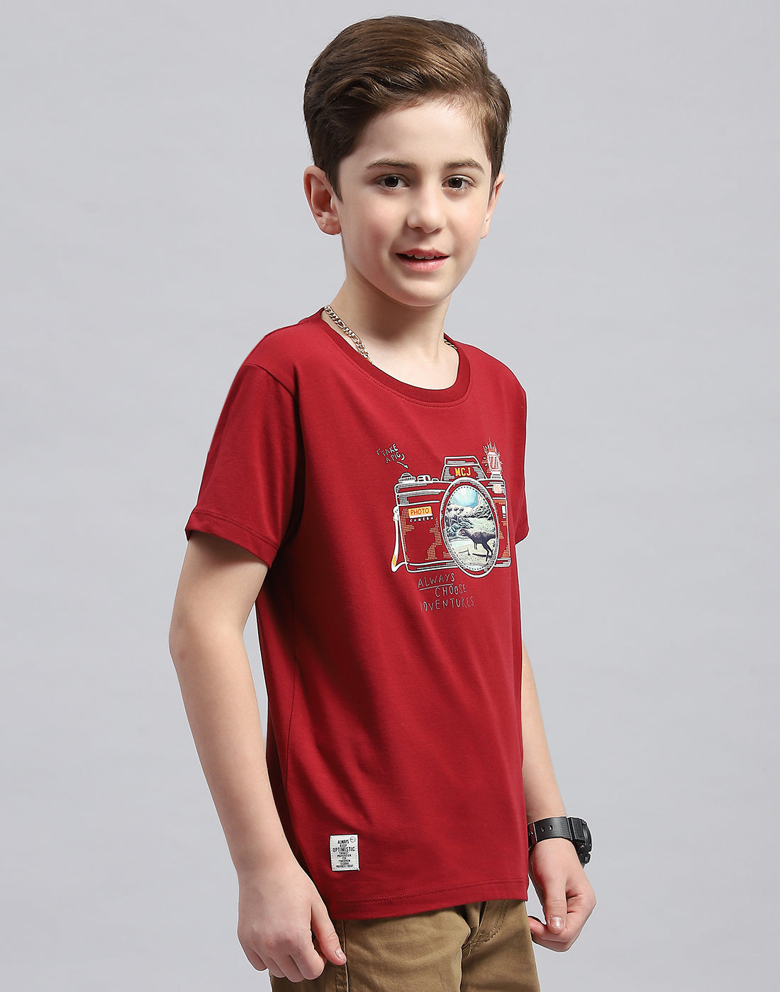Boys Maroon Printed Round Neck Half Sleeve T-Shirt
