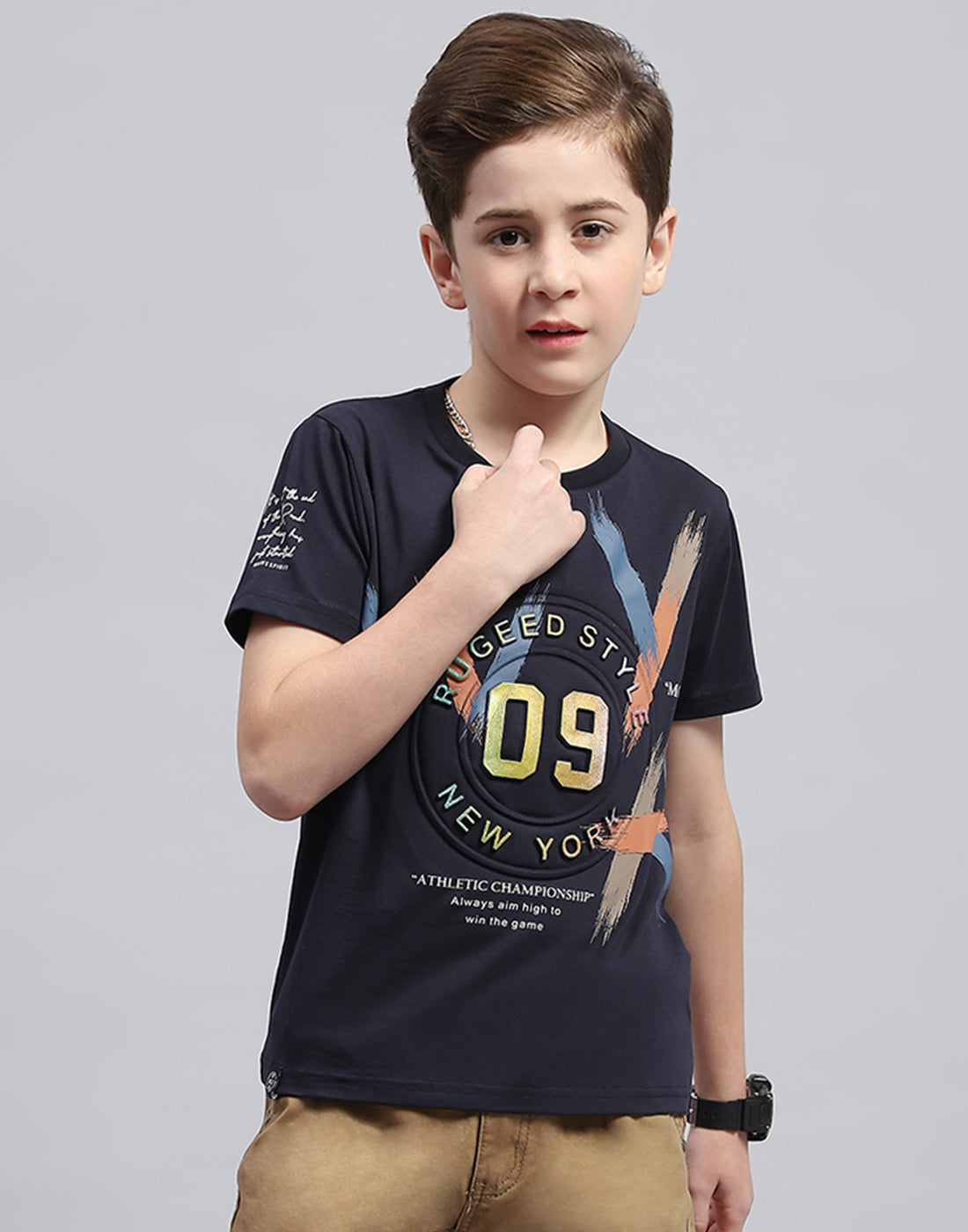 Boys Navy Blue Printed Round Neck Half Sleeve T-Shirt