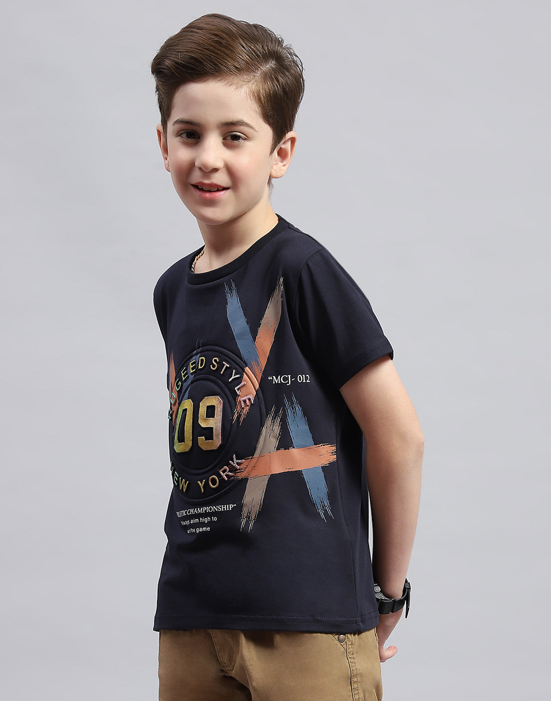 Boys Navy Blue Printed Round Neck Half Sleeve T-Shirt