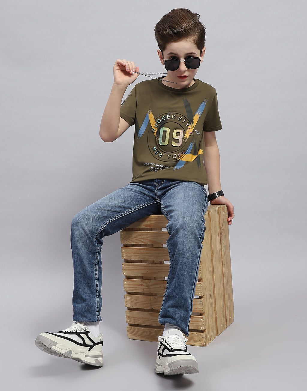 Boys Olive Printed Round Neck Half Sleeve T-Shirt