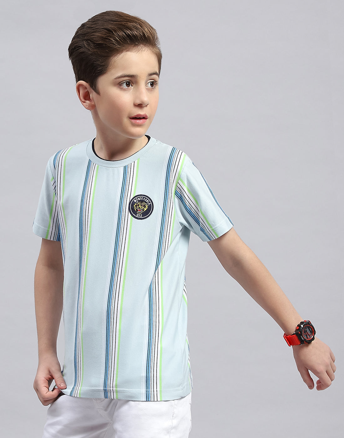 Boys Sky Blue Stripe Round Neck Half Sleeve T-Shirt