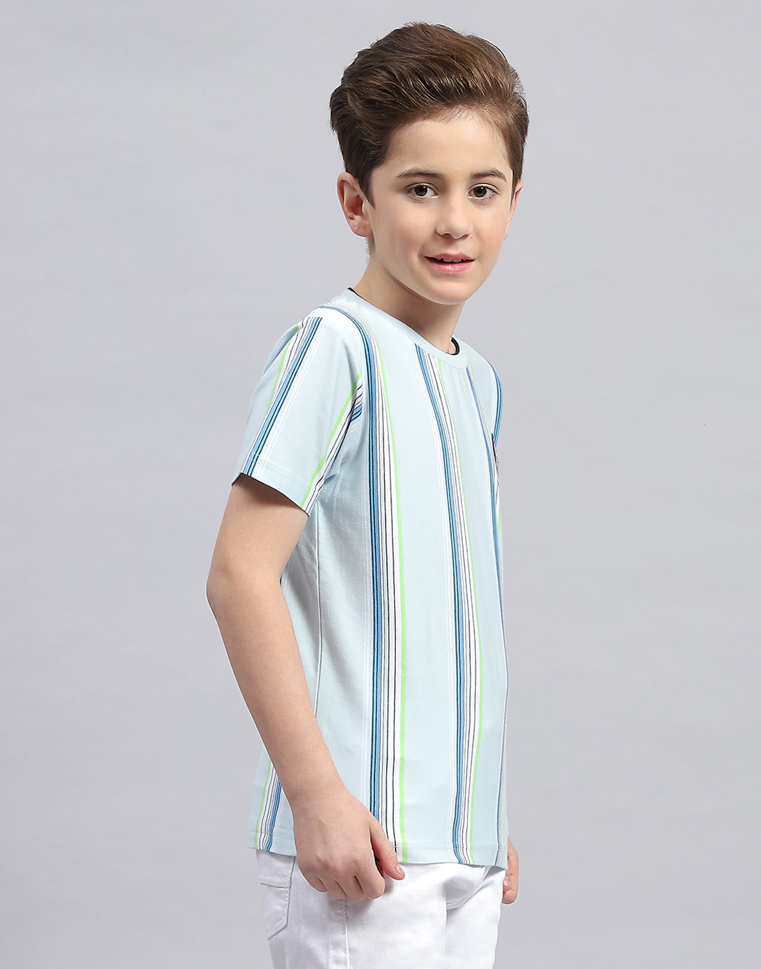 Boys Sky Blue Stripe Round Neck Half Sleeve T-Shirt