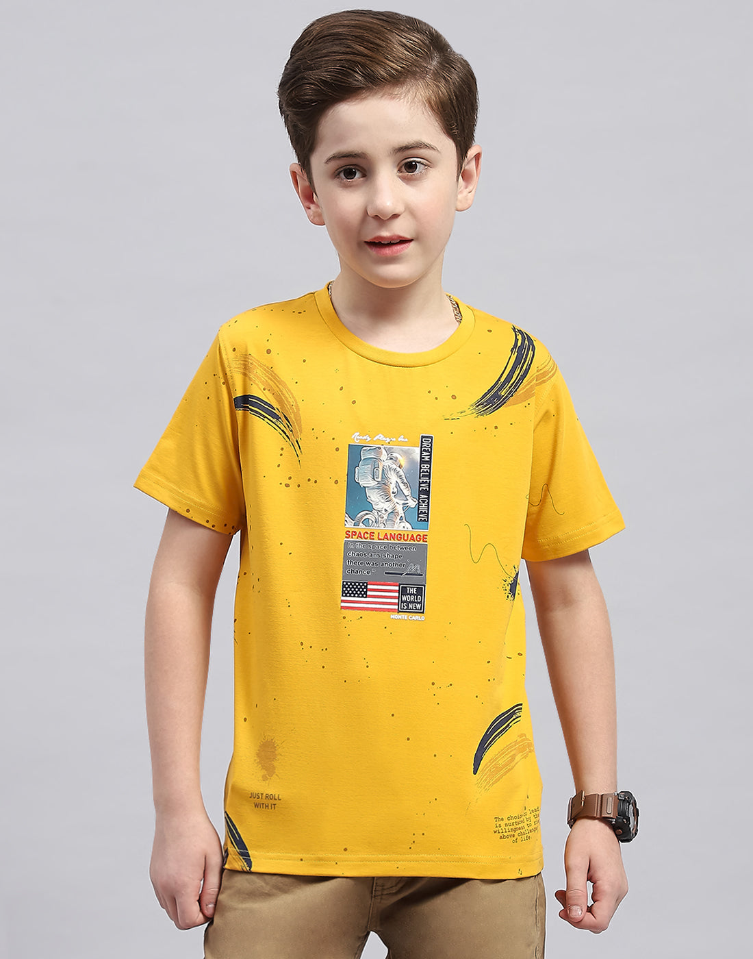 Boys Mustard Printed Round Neck Half Sleeve T-Shirt