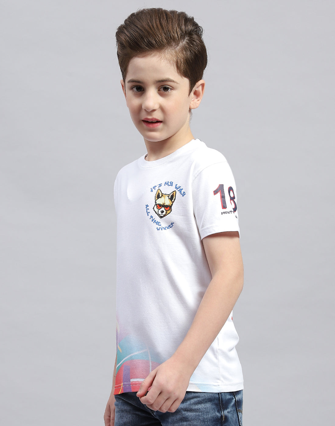 Boys White Printed Round Neck Half Sleeve T-Shirt