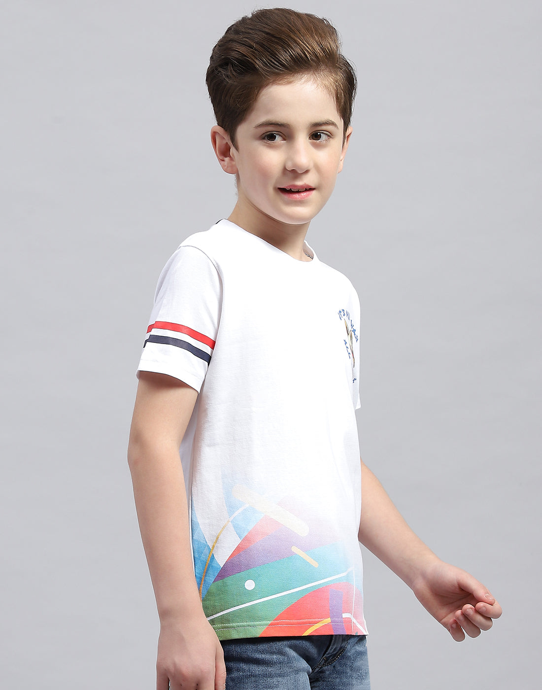Boys White Printed Round Neck Half Sleeve T-Shirt