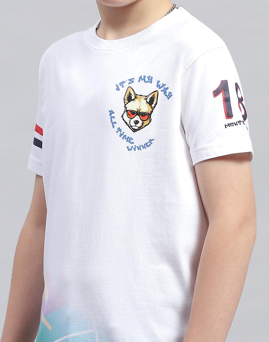 Boys White Printed Round Neck Half Sleeve T-Shirt