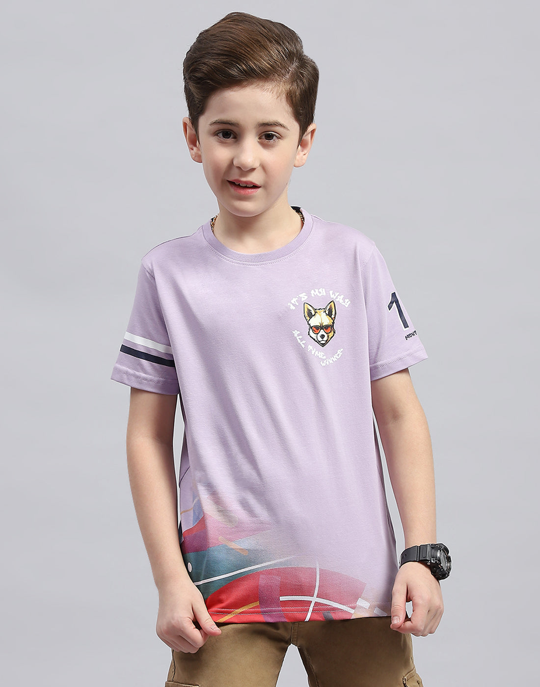 Boys Purple Printed Round Neck Half Sleeve T-Shirt