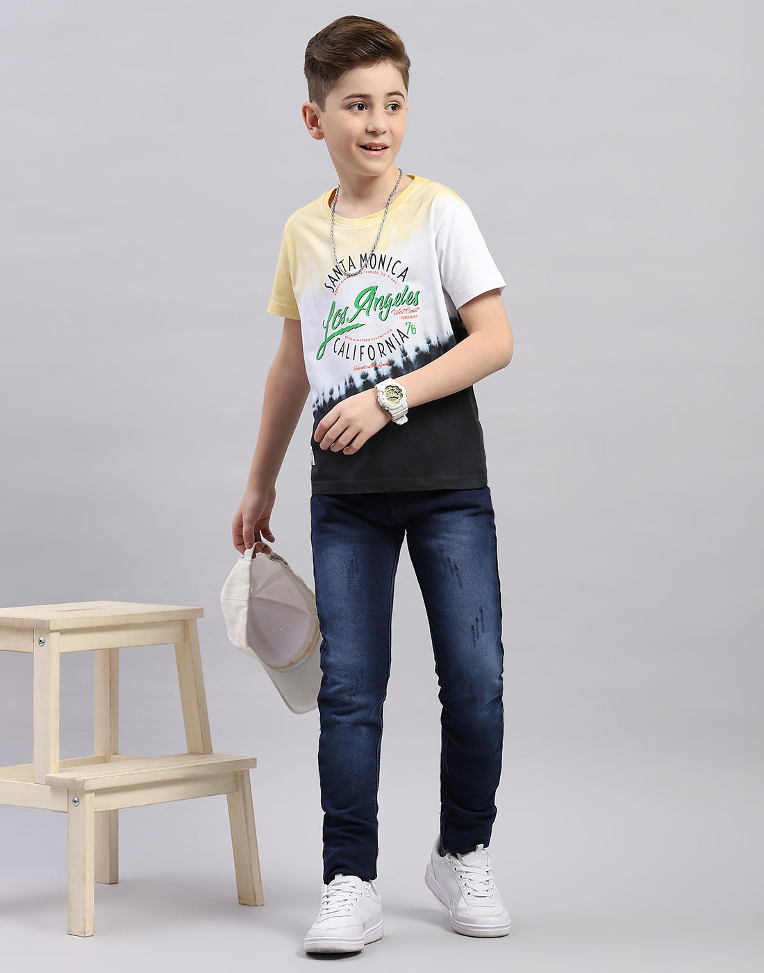 Boys Yellow Printed Round Neck Half Sleeve T-Shirt