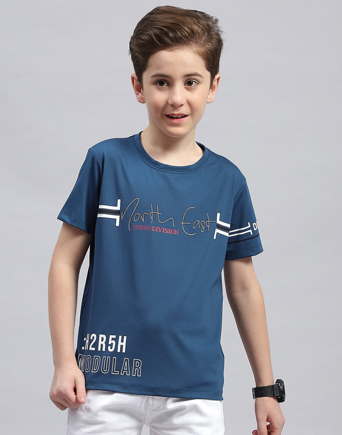 Boys Teal Blue Printed Round Neck Half Sleeve T-Shirt