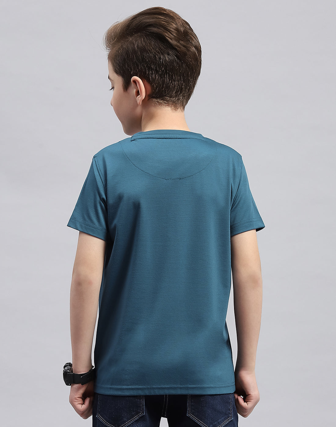 Boys Teal Blue Printed Round Neck Half Sleeve T-Shirt
