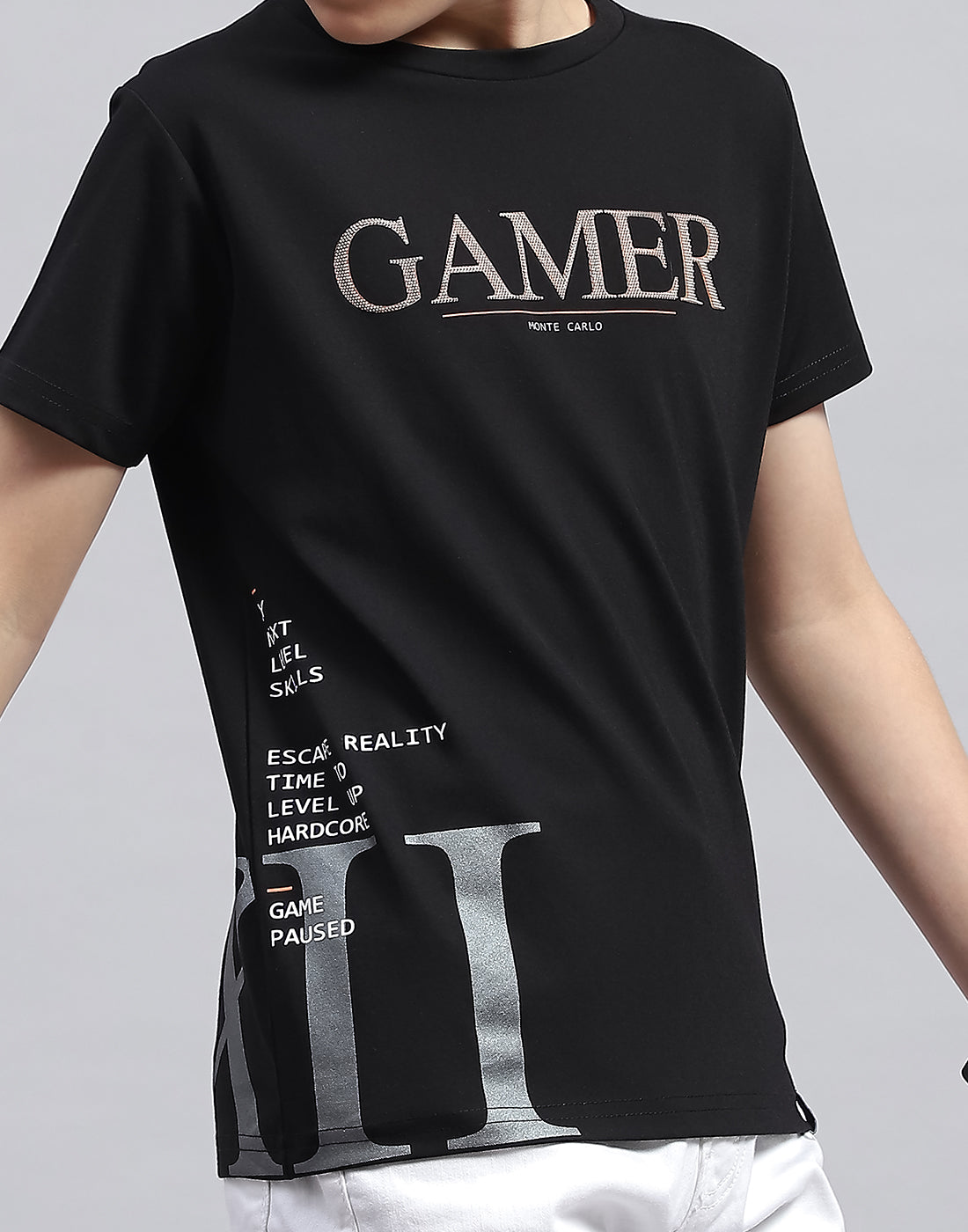 Boys Black Printed Round Neck Half Sleeve T-Shirt