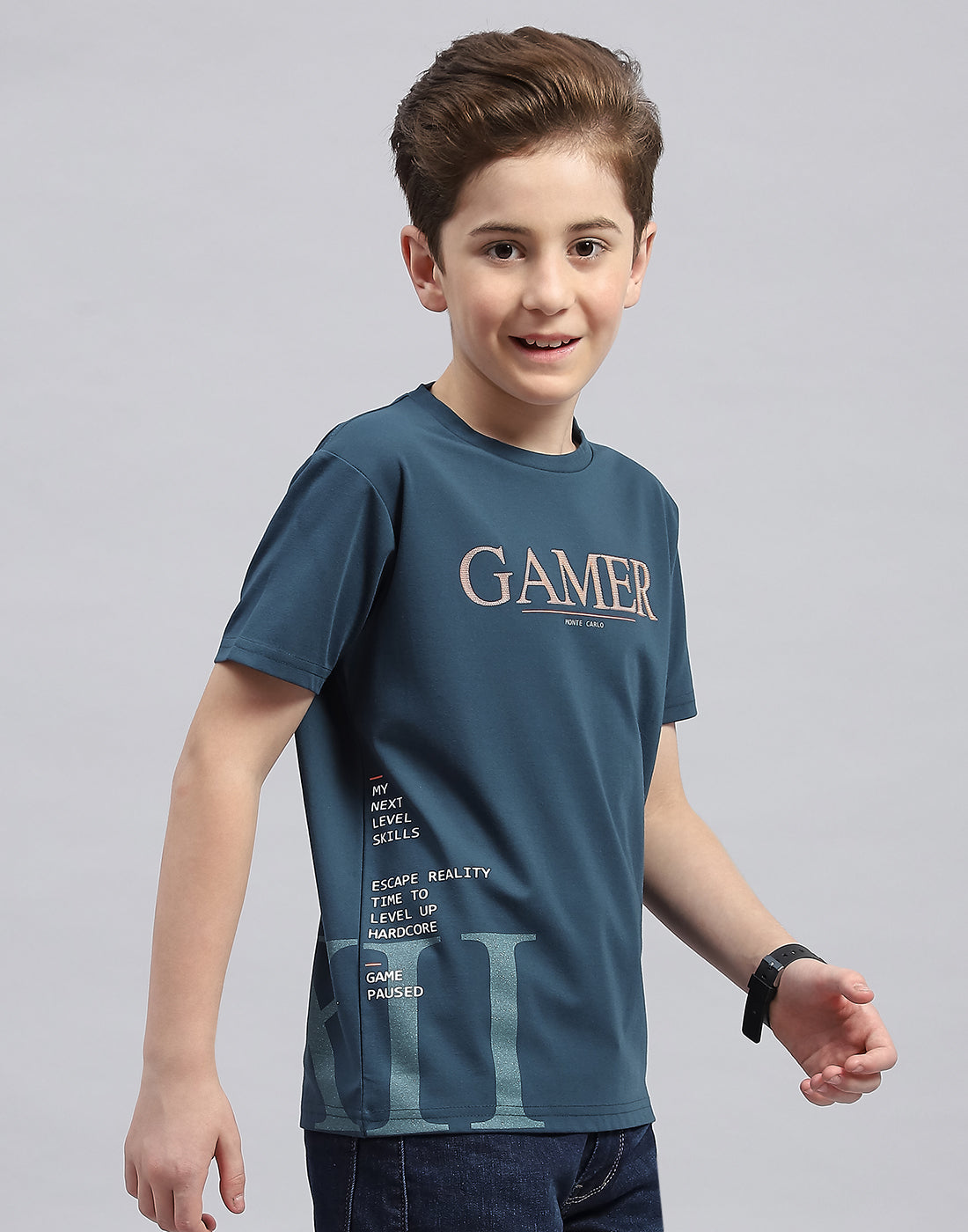 Boys Teal Blue Printed Round Neck Half Sleeve T-Shirt