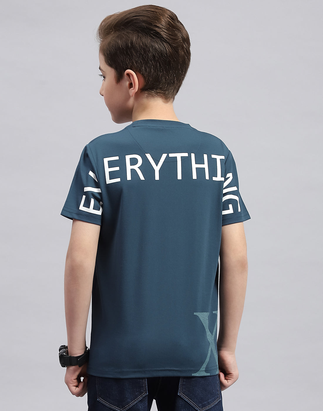 Boys Teal Blue Printed Round Neck Half Sleeve T-Shirt