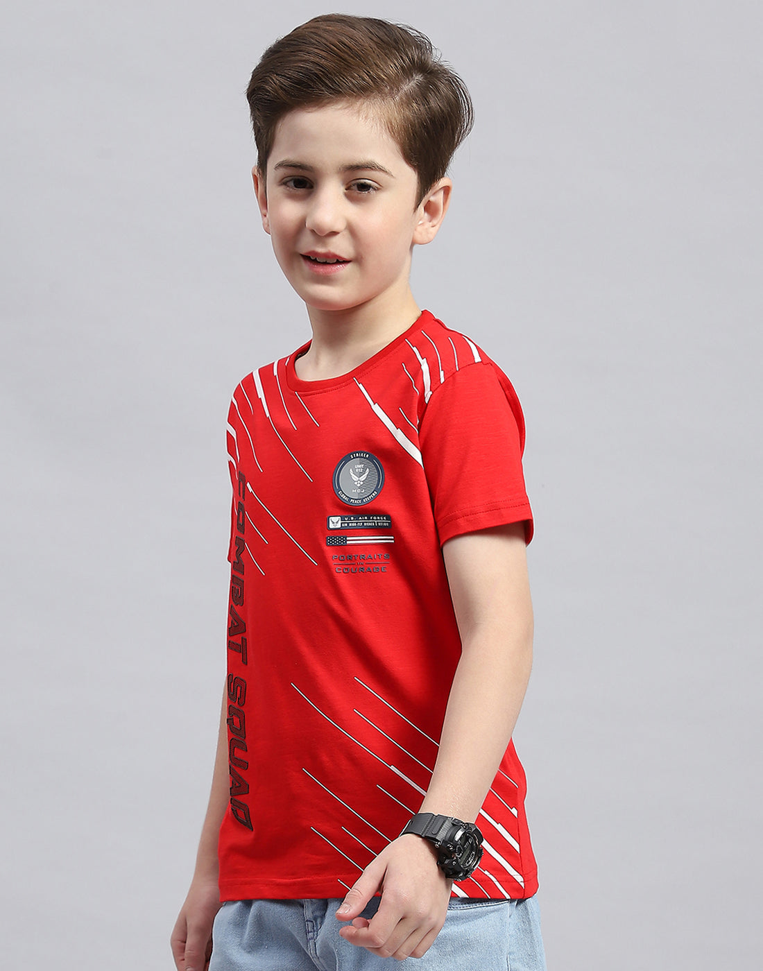 Boys Red Printed Round Neck Half Sleeve T-Shirt