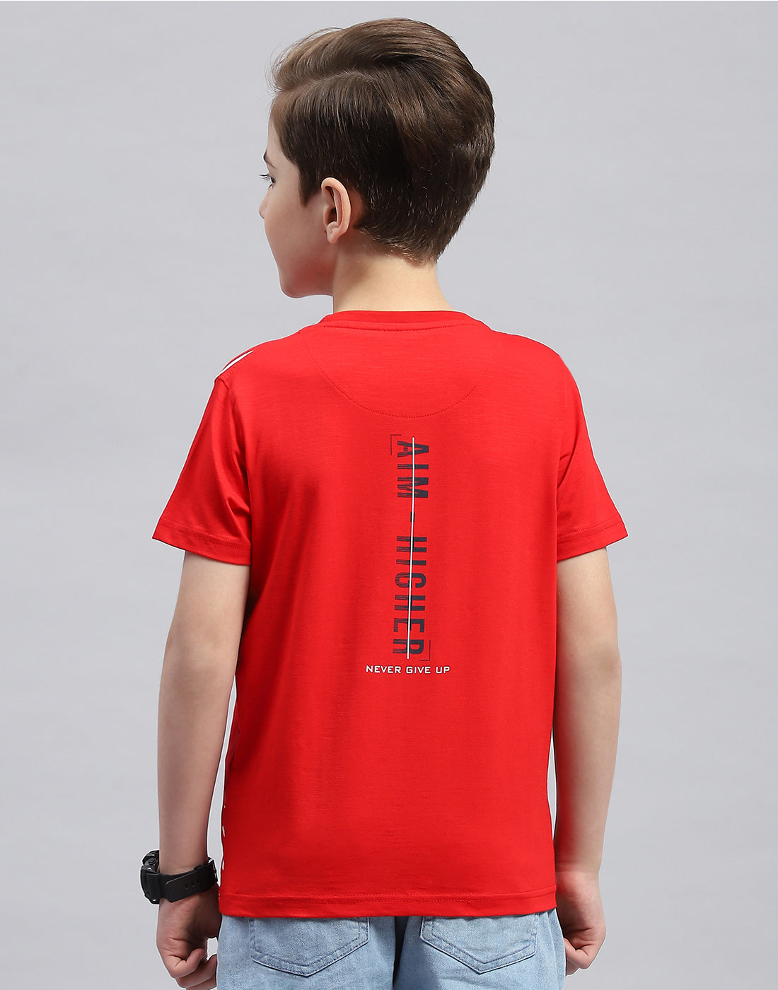 Boys Red Printed Round Neck Half Sleeve T-Shirt
