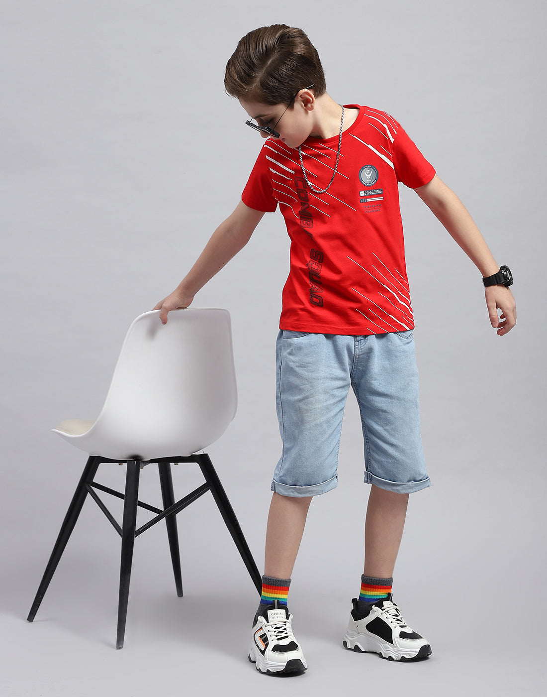 Boys Red Printed Round Neck Half Sleeve T-Shirt